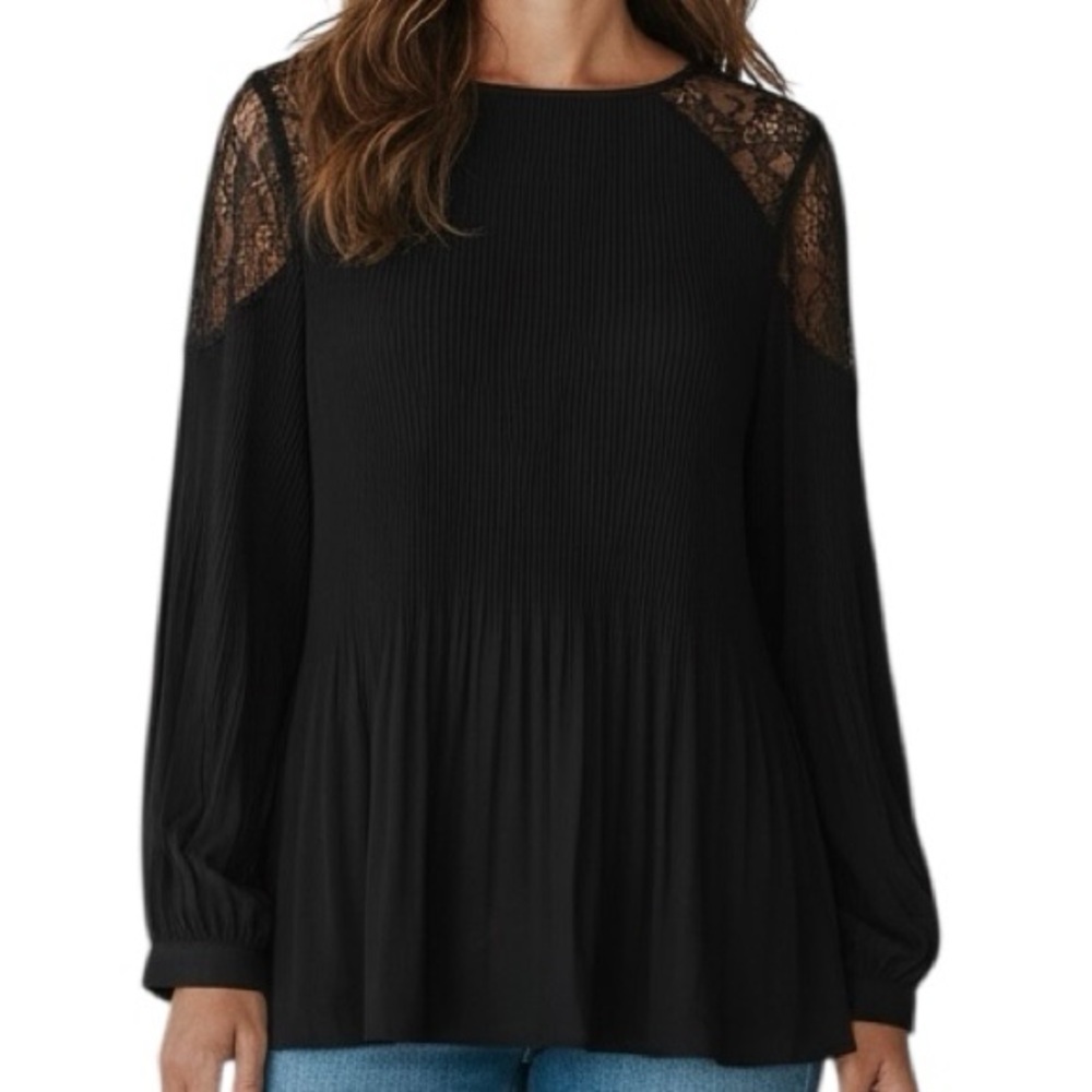 NWT ADRIANNA PAPELL Long Lace Detail Bell Sleeve Tie Back Blouse Size Small
